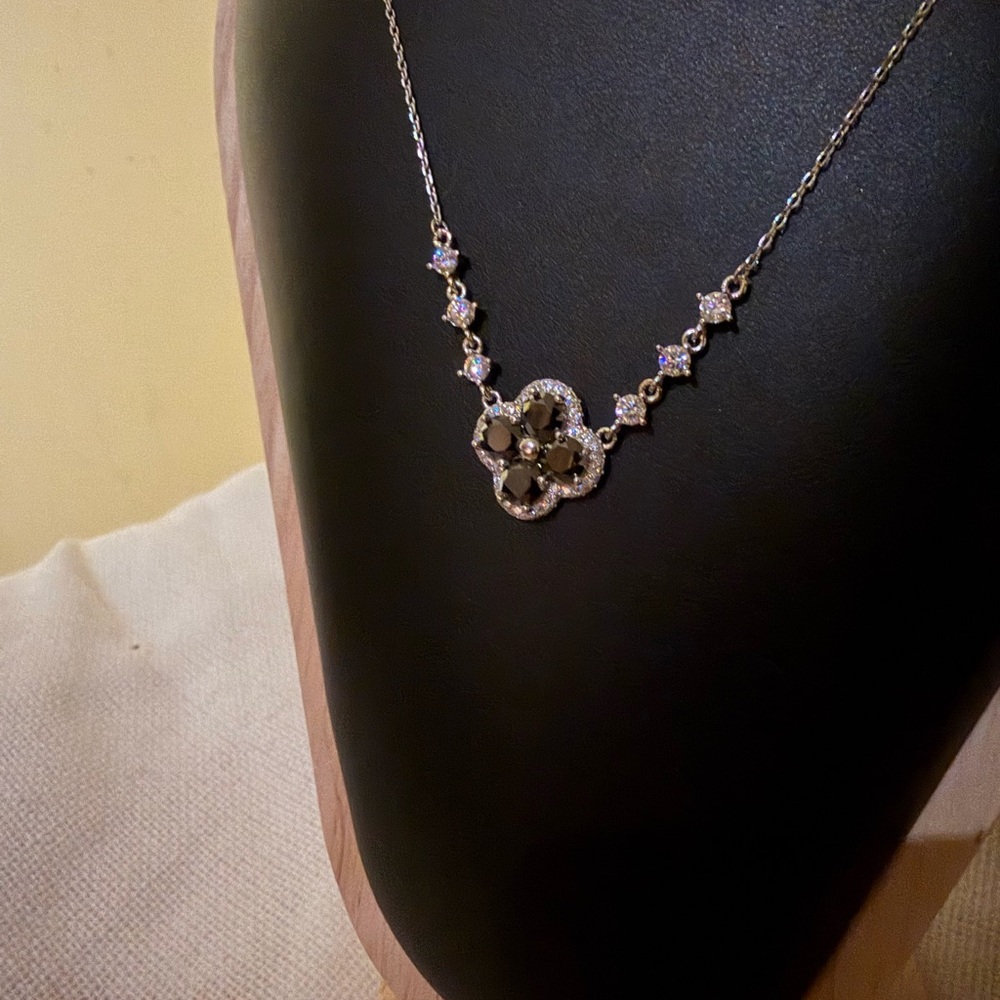 Sterling Silver Black Clover Necklace Moissanite Diamond - Picture 3 of 4